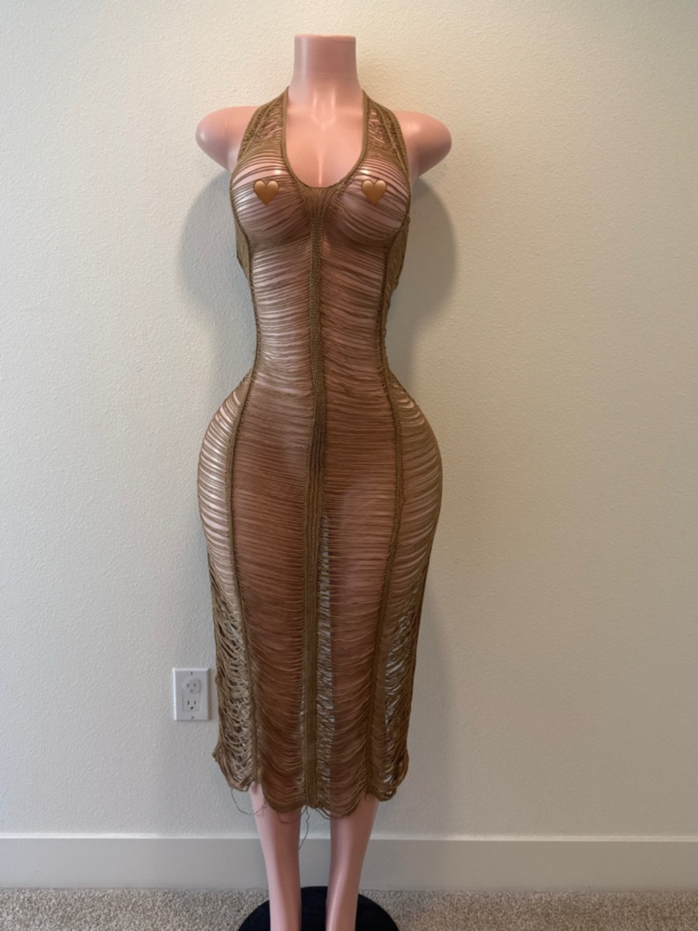 Sheer Taupe Halter Bodycon Midi Dress